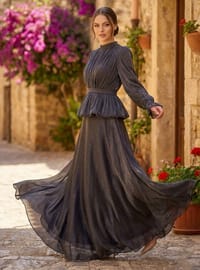 Bel Detaylı Kloş Abiye Elbise - Siyah