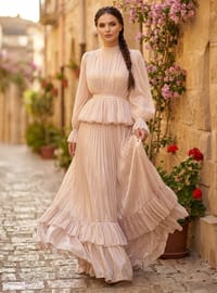 Bel Detaylı Kloş Abiye Elbise - Krem