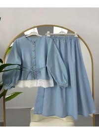 Denim Dantel Detaylı Etekli Takım Açık Mavi