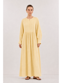 MAİA Göğüsten Büzgülü Rahat Kesim Maksi Müslin Elbise Butter Yellow