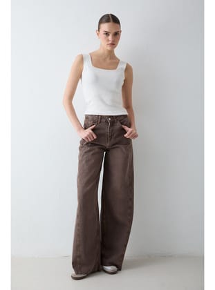 Bol Paça Denim Pantolon 32-8003 KAHVERENGİ