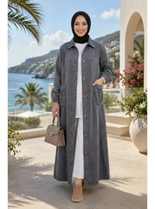 Kadın Düğmeli Cepli Gri Denim Kot Kap