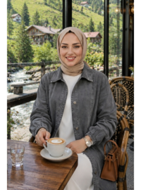 Kadın Düğmeli Cepli Gri Denim Kot Kap