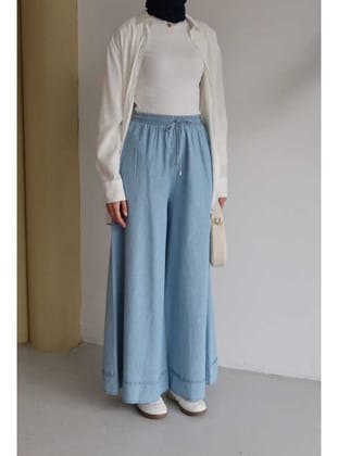 1138-Denim Lastikli Bol Paça Pantolon Mavi