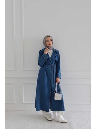 6458-Denim Allerli Trençkot Mavi