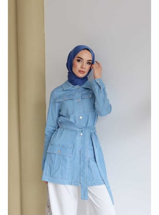 6653-Cepli Kuşaklı Kısa Ceket Mavi