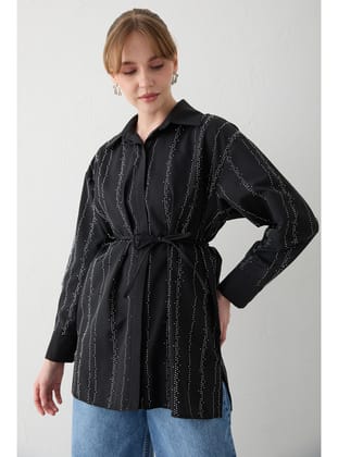 Taşlı Poplin Gömlek 32-2620 SİYAH