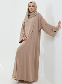 Serra Şal Hediyeli Düğme Detaylı Dubai Abaya Takım Bej