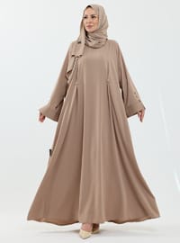 Serra Şal Hediyeli Düğme Detaylı Dubai Abaya Takım Bej