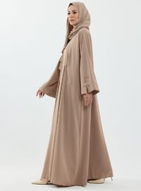 Serra Şal Hediyeli Düğme Detaylı Dubai Abaya Takım Bej