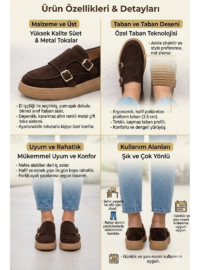 Kadın Kahverengi Süet Çift Tokalı Kalın Taban Makosen Loafer Ayakkabı Kahverengi