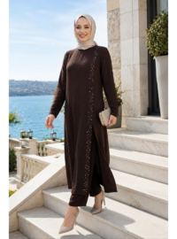 Kadın İnci İşlemeli Kahverengi Tunik Pantolon İkili Takım
