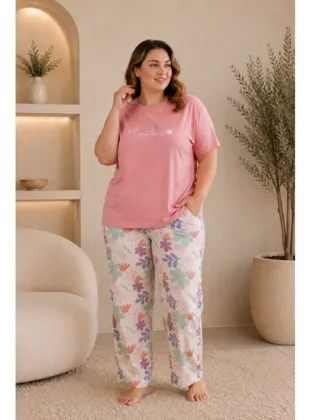 Mirano 4511 Çiçekli Kısa Kollu Pamuklu Penye Büyük Beden Kadın Pijama Takımı