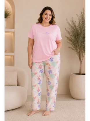 Mirano 4511 Çiçekli Kısa Kollu Pamuklu Penye Büyük Beden Kadın Pijama Takımı