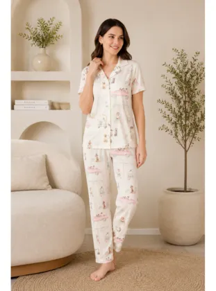 Mirano 4857 Dijital Baskı Kumaş Düğmeli Kısa Kolu Kadın Pijama Takımı