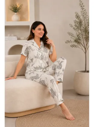 Mirano 4870 Dijital Baskı Kumaş Düğmeli Kısa Kolu Leoparlı Kadın Pijama Takımı