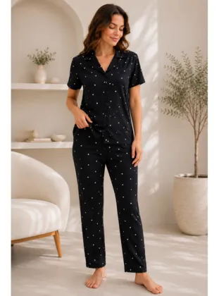 Mirano 9508 Minik Kalpli Desenli Pegasus Kumaş Düğmeli Kısa Kolu Kadın Pijama Takımı
