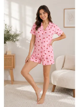 Mirano 9555 Kısa Kollu Şortlu Pegasus Kumaş Çilek Desenli Kadın Pijama Ev Takımı