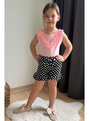 Breeze Kız Çocuk Şortlu Takım Puantiyeli Fiyonklu Fırfırlı 4-8 Yaş, Neon Pembe