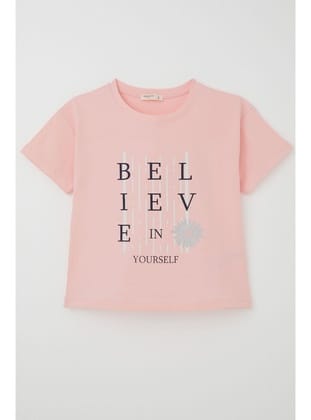Breeze Kız Çocuk Tişört Crop Slogan Temalı Çiçek Baskılı 9-14 Yaş, Pembe