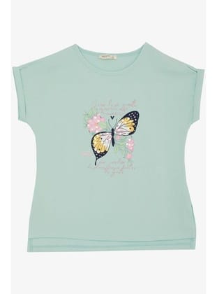 Breeze Kız Çocuk Tişört Kelebek Baskılı 10-16 Yaş, Su Yeşili