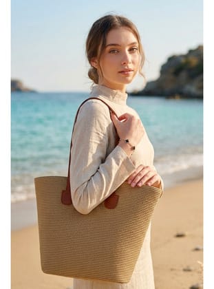 Kadın Camel Deri Kulplu Hasır Çanta CNT2608-3