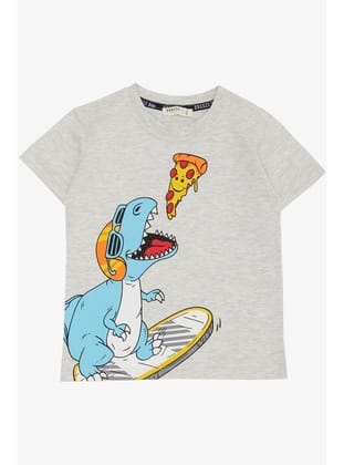 Breeze Erkek Çocuk Tişört Pizza Yiyen Mutlu Dinozor Baskılı 2-6 Yaş, Açık Gri Melanj