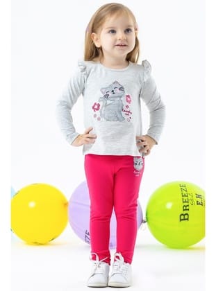 Breeze Kız Bebek Taytlı Takım Pullu Kedicik Baskılı 9 Ay-3 Yaş, Açık Gri Melanj