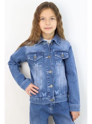 Breeze Kız Çocuk Jean Ceket Kelebek Baskı Detaylı Cepli 6-12 Yaş, Mavi