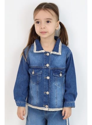 Breeze Kız Çocuk Jean Ceket Yaka & Alt Kısmı Güpür Cep Kapak Detaylı 3-7 Yaş, Mavi