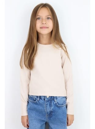 Breeze Kız Çocuk Uzun Kollu Tişört Kemer Boy Basic 8-14 Yaş, Bej