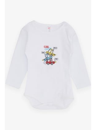 Breeze Erkek Bebek Çıtçıtlı Body Araba Baskılı 9 Ay-3 Yaş, Beyaz