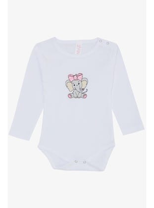 Breeze Kız Bebek Çıtçıtlı Zıbın Body Bandanalı Fil Baskılı 9 Ay-3 Yaş, Beyaz