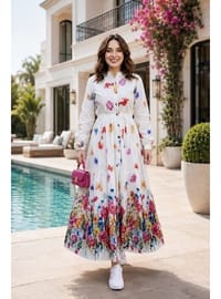 Kadın Düğmeli Çiçek Desenli Modal Beyaz Elbise