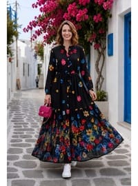 Kadın Düğmeli Çiçek Desenli Modal Siyah Elbise