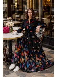 Kadın Düğmeli Çiçek Desenli Modal Siyah Elbise