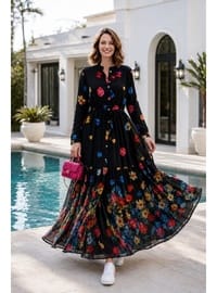 Kadın Düğmeli Çiçek Desenli Modal Siyah Elbise