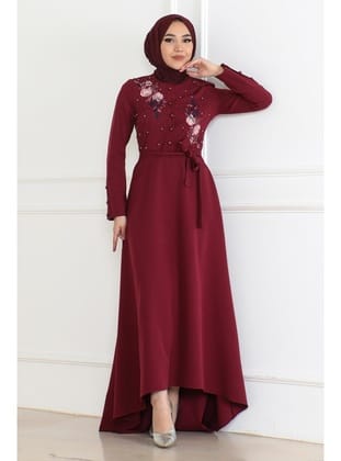 Nakış Detaylı Elbise Bordo 6119