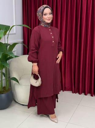 Salaş Tesettür Pantolonlu Müslin Takım - Bordo - MODANURSEDA