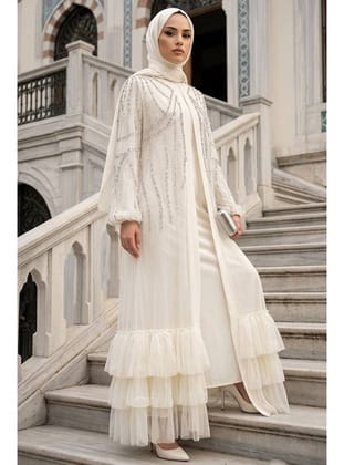 Payet Detaylı Krem Tesettür Abaya 61841KR