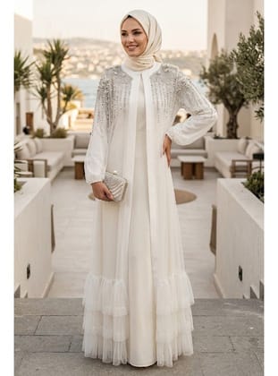 Taş İşlemeli Ekru Tül Fırfırlı Tesettür Abaya 60882E