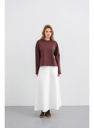 Kahve Kadın Bisiklet Yaka Etek Yırtmaçlı %100 Pamuk Oversize Basic Sweatshirt Kahve