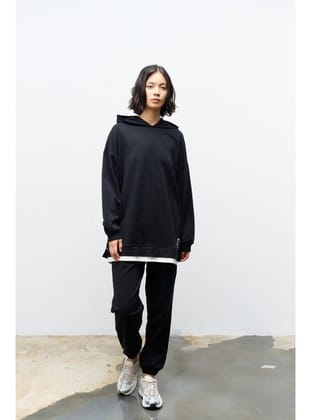 Text Kapüşonlu Basic Oversize Siyah Alt Üst Eşofman Takımı Siyah