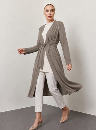 Aerobin Kuşaklı Uzun Kimono Hırka - Vizon - Modaefa