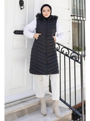 Liora Uzun Kapüşonlu Yelek Siyah 6160