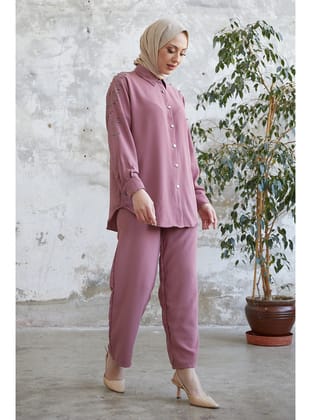10793 - Pantolon Gömlek Tesettür İkili Takım Pembe-A4