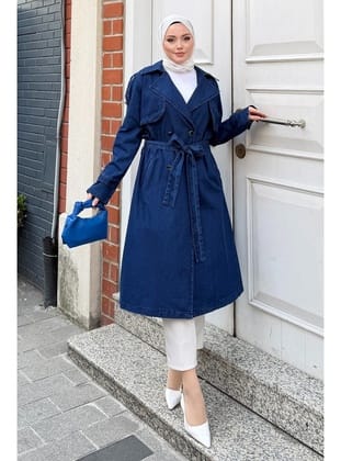 Kuşak Detaylı Denim Trençkot Koyu Mavi 19320