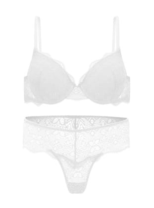 Dantelli Dekolte Dolgulu Push-Up Takım - Ekru - 2735