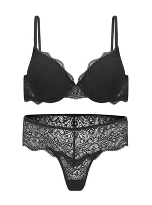 Dantelli Dekolte Dolgulu Push-Up Takım - Siyah - 2735