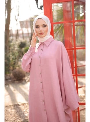 4503  Keten Uzun Tunik Pembe-J-7